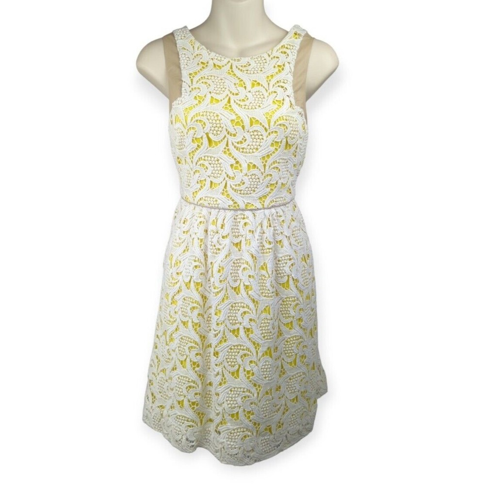 Greylin Anthropologie Lace Dress Bright Yellow White Tan Vegan Leather Cutout XS